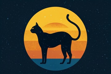 A mysterious black cat silhouetted against a colorful sunset background