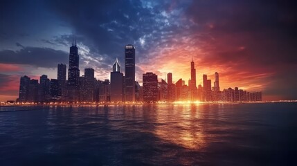 Fototapeta premium Dramatic sunset over city skyline reflected in water.