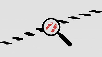 Magnifying Glass Highlighting Red Footprints on Black Trail  
