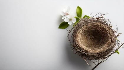 右上隅に置かれた鳥の巣が春らしさを引き立てるホワイト背景
