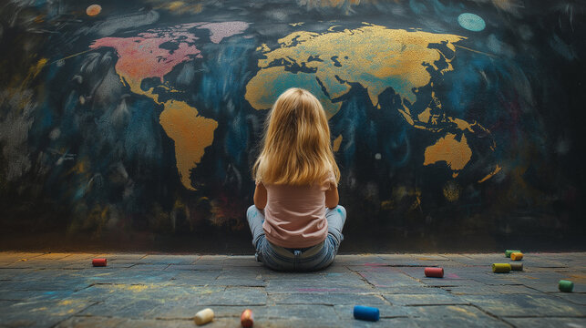 Little preschool girl with earth map painting with colorful chalks on wall. Positive toddler child. Happy earth day concept. Creation of children for saving world, environment and ecology. - Powered by Adobe