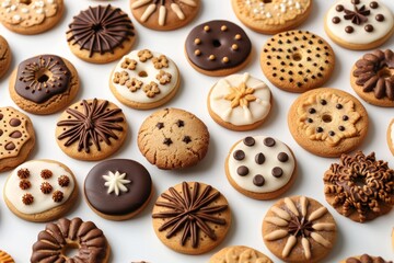 Fototapeta premium A colorful array of creatively decorated cookies showcases various designs and flavors, arranged neatly on a white background, highlighting their festive appeal for gatherings or celebrations.