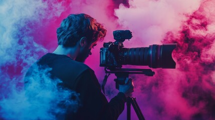 Influencer digital creator in a creative environment, crafting stunning visuals with artistic effects, professional editing tools, and dynamic colors to capture audience attention and boost engagement