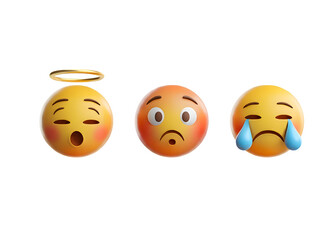 Naklejka premium 3D Set of Emoticons Isolated. Round Yellow Faces with Various Emotions and Expression. Tear Smile Sad Love Happy Unhappy Like Lol Angry Wink Laughter Emoji Character Collection. Vector Illustration 