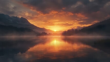 Fototapeta premium Fiery sunset reflecting on a misty lake, mountains in the background.