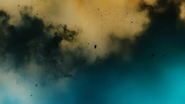 Abstract background with fire particles and sparks, smoke, debris and noise after natural disaster, catastrophe or bomb explosion. War, military operation concept. Backdrop for design war game