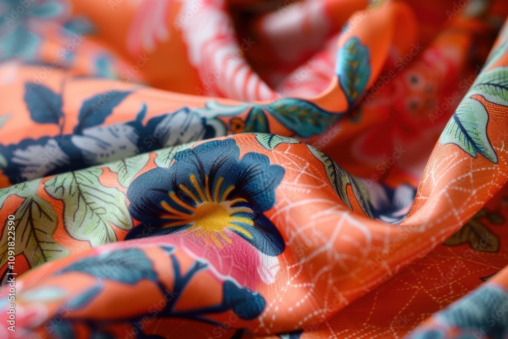 Aufkleber Delicate silk scarf displaying vibrant floral patterns draped elegantly over a rustic wooden table in soft afternoon light