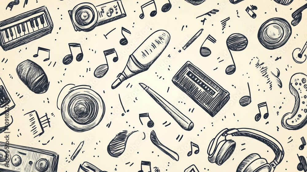Poster this fun and intricate doodle displays a variety of musical instruments, notes, and sound elements, 