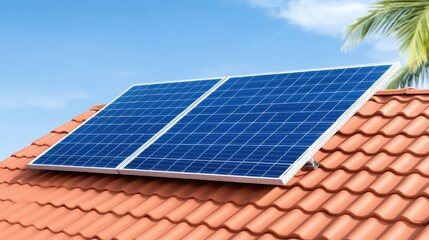Solar water heating system on a vibrant red roof under a clear blue sky showcasing sustainable energy solutions
