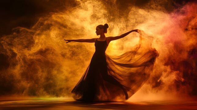 Graceful ballerina in flowing black dress, dramatic smoky background.