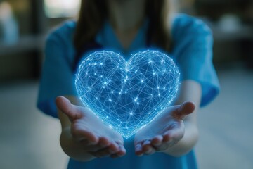 Digital Heart Concept in Hands with Blue Lights