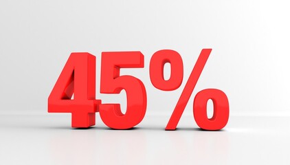 Percent discount 3d sign on white background. 3d 45% percent off discount promotion sale. Special offer 45% discount tag, sale up to 45 percent off. Sale symbol, special offer label, sticker, tag	
