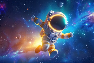 Cute cartoon astronaut exploring outer space with playful attitude amidst stars and planets set against a bright white background