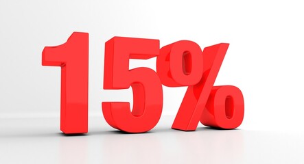 Percent discount 3d sign on white background. 3d 15% percent off discount promotion sale. Special offer 15% discount tag, sale up to 15 percent off. Sale symbol, special offer label, sticker, tag	
