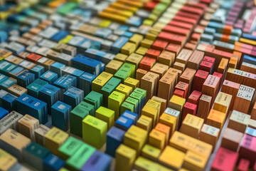 Vibrant array of colorful blocks, showcasing diverse hues and textures, ideal for representing data visualization, variety, or design concepts.