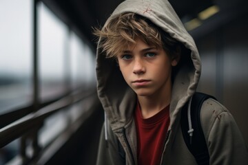 Portrait of teenage boy with hooded sweatshirt looking at camera