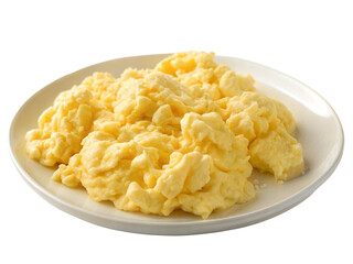 Deliciously Fluffy Scrambled Eggs on a Plate with a Golden Hue for Breakfast Kitchen Table Food Photography Cozy Home Culinary Delight, isolated on transparent or white background