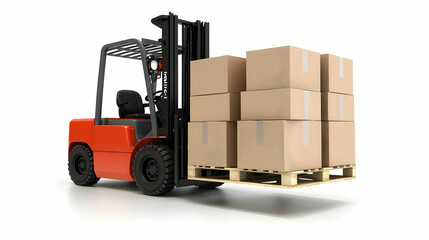Red forklift lifting a pallet of cardboard boxes on a white background.  Ideal for logistics, warehousing, and shipping concepts.
