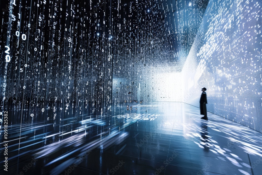 Poster Exploration of digital art installation showcasing binary code in a darkened space illuminated by light patterns
