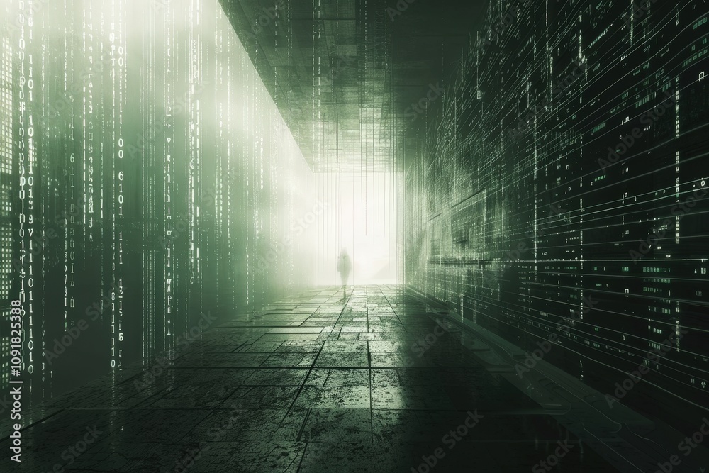 Aufkleber Exploration of digital art installation showcasing binary code in a darkened space illuminated by light patterns