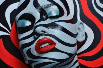Model dressed in vibrant body paint poses against a colorful swirling background showcasing artistic makeup skills and creativity