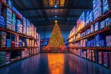 Christmas Tree in Brightly Lit Warehouse Storage