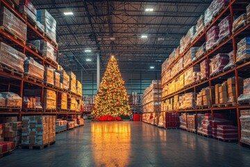 Festive Christmas Tree in Warehouse Interior