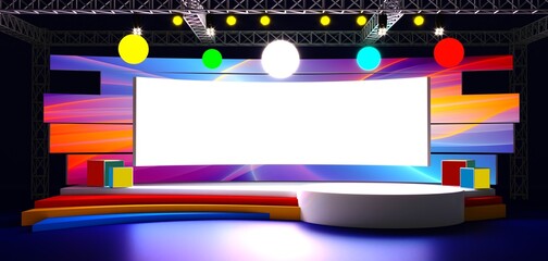 Fototapeta premium Curve Stage design. Conference Stage Designs. Meeting event scene, party scene design. Empty stage design for mockup and corporate identity, display. Platform elements in hall. 