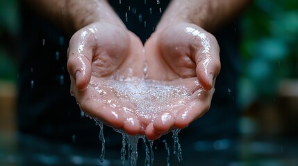 Fototapeta premium Close-up of a person's hands, male, showing water cascading down in a serene, tranquil setting.