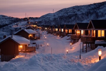 A charming snow-laden village glows under twilight on a hillside, with warm lights radiating from homes, creating a picturesque and inviting ambiance.