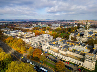 Aerial view of Cardiff (Wales) with autumn foliage and leaves