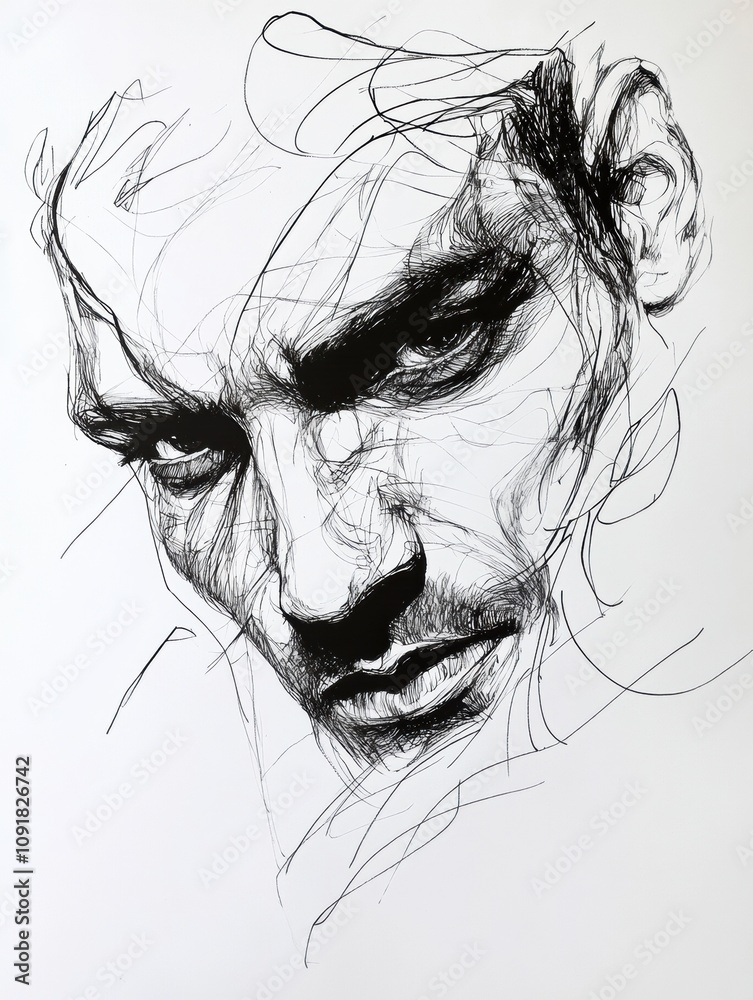 Poster experiencing deep emotions through a striking black and white ink portrait highlighting dramatic sha
