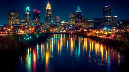 Obraz premium Night cityscape reflected in water.