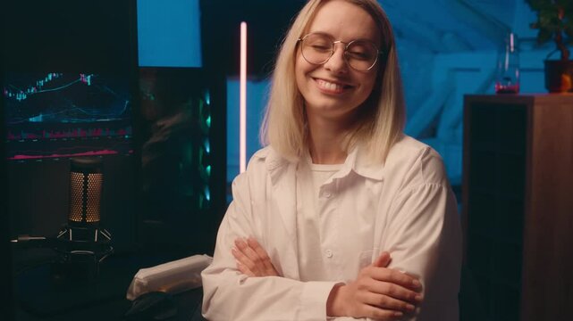 Female programmer coder Caucasian woman investor night late computer work at home smiling happy girl lady businesswoman business stock market trader crypto currency bitcoin charts web trading online