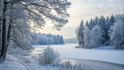 Obraz premium Winter wonderland scene with snow-covered trees and frozen lake, frosty mornings, winter wonderland