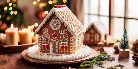 christmas gingerbread house on table in modern family home celebrating for the holidays