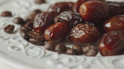 Perfect for food blogs, cafe menus, recipe books. Elegant presentation of dates and coffee beans on a decorative plate setting.