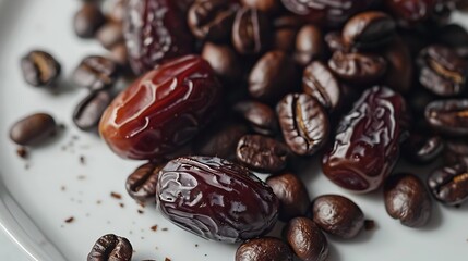 Scattered dates and roasted coffee beans on a plate, perfect for food bloggers, recipe websites, and coffee shop promotions.