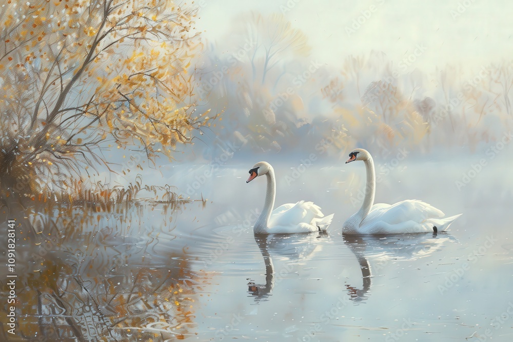 Poster swans engage in courtship display on a misty lake in the early morning, surrounded by calm waters an