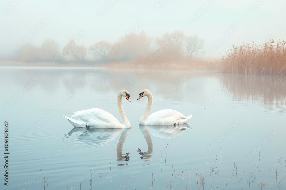 Poster swans engage in courtship display on a misty lake in the early morning, surrounded by calm waters an