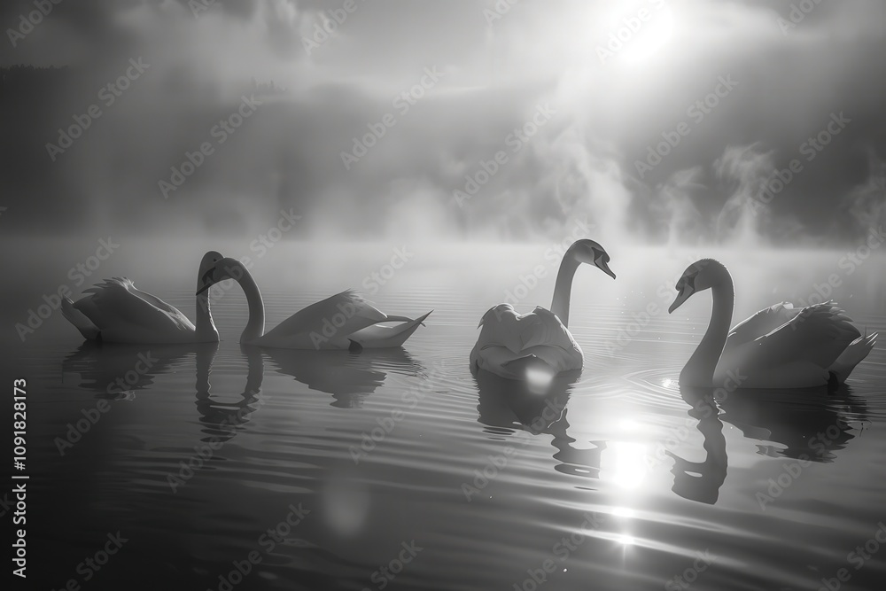 Poster swans engage in courtship display on a misty lake in the early morning, surrounded by calm waters an