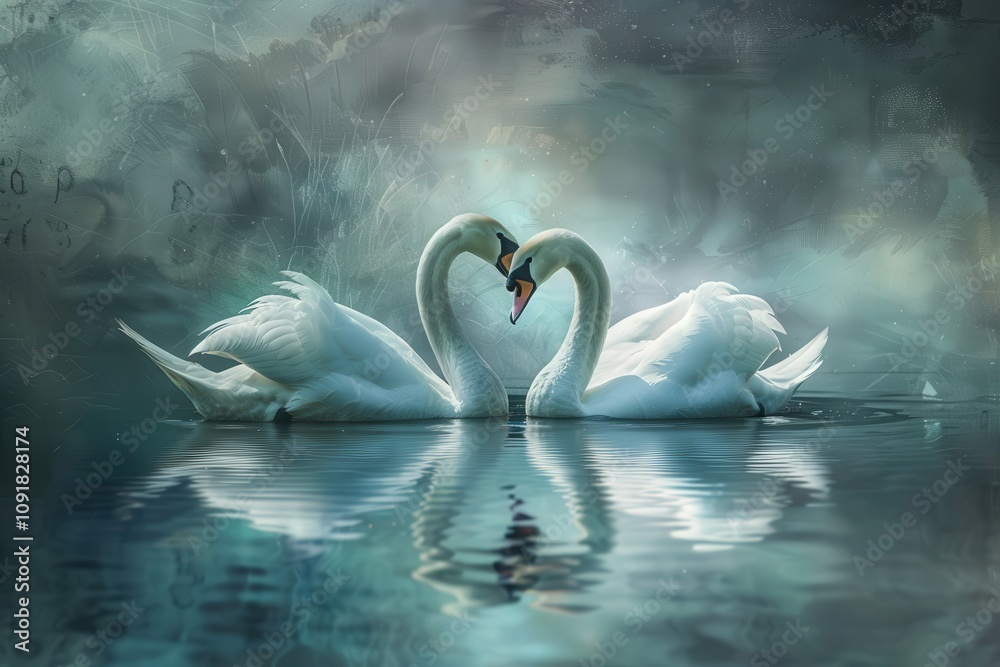 Poster swans engage in courtship display on a misty lake in the early morning, surrounded by calm waters an