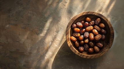 Fresh Organic Dates in Wooden Bowl Under Sunlight. Rustic Islamic Ramadan Food Photography for Healthy Lifestyle, Nutrition, Summer Snack & Culinary Blog Design Inspiration