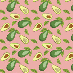 Seamless pattern with ripe avocado and leaves on a pink background.eps