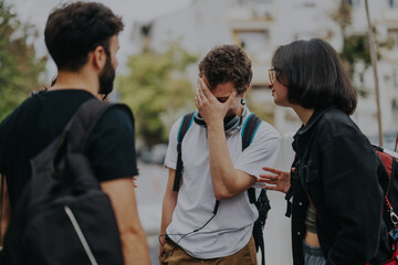 Three friends are engaged in a serious conversation outdoors. One of them appears distressed,...