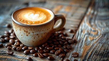 Heartshaped latte art and coffee beans on weathered wood. Suitable for cafes, valentines day promotions, coffee shops, and social media posts.