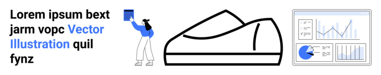 Woman holding book, stylized landscape, data chart with graphs and pie chart. Ideal for business presentations, educational materials, technology blogs, marketing strategies, data analysis