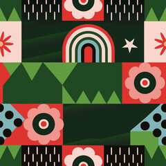 Obraz premium Fun colorful seamless pattern abstract geometric shape background for trendy design with collage shapes. 