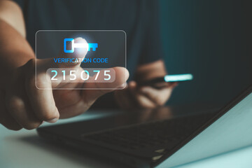 OTP, Two factor authentication or 2FA concept. Man hand press verification code with key icon while...