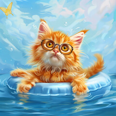 A ginger cat in sunglasses floating in the sea inside a blue circle. Postcard for a calendar. August.